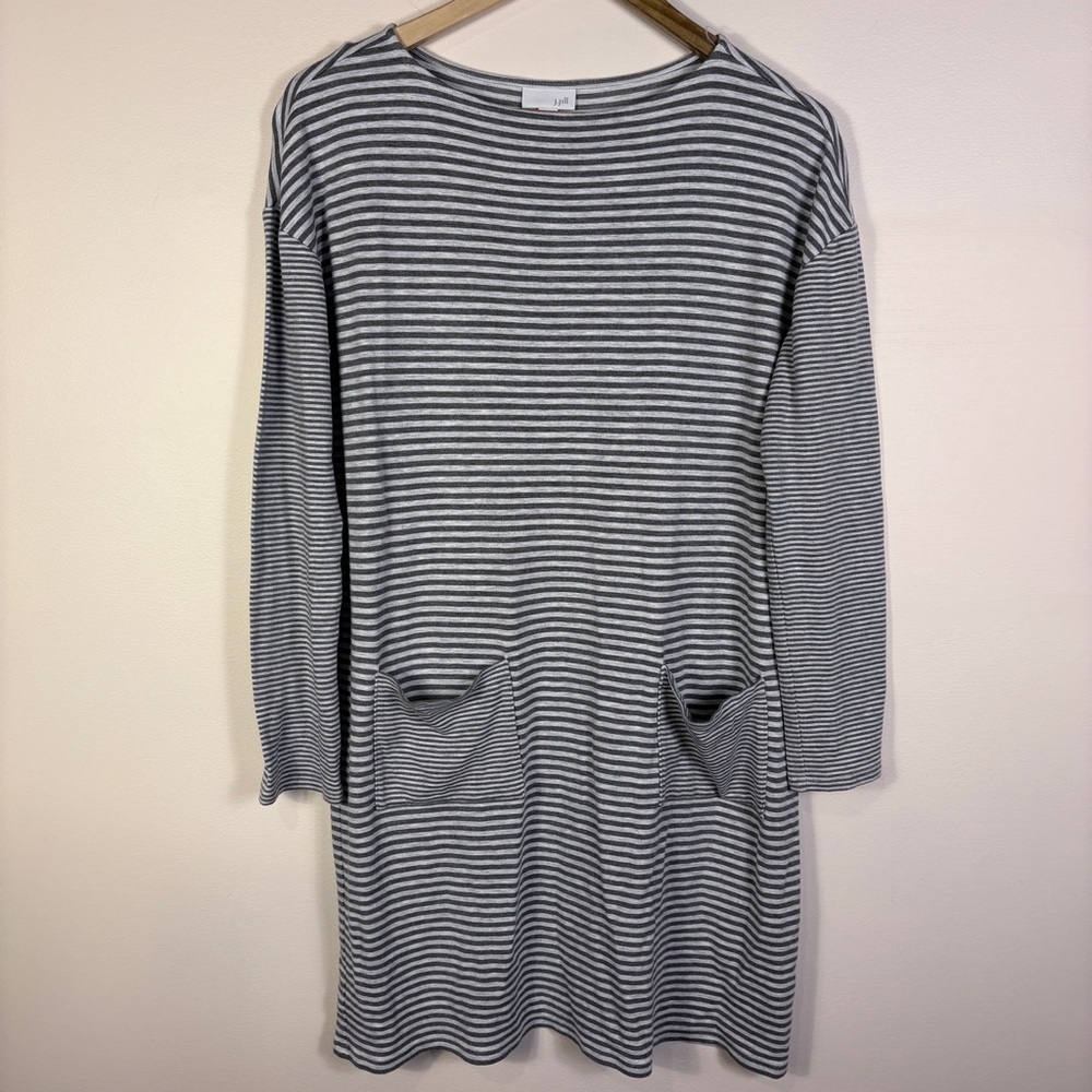 J. Jill Gray Striped Tunic Top Pockets Stretch Jersey Coastal Neutral